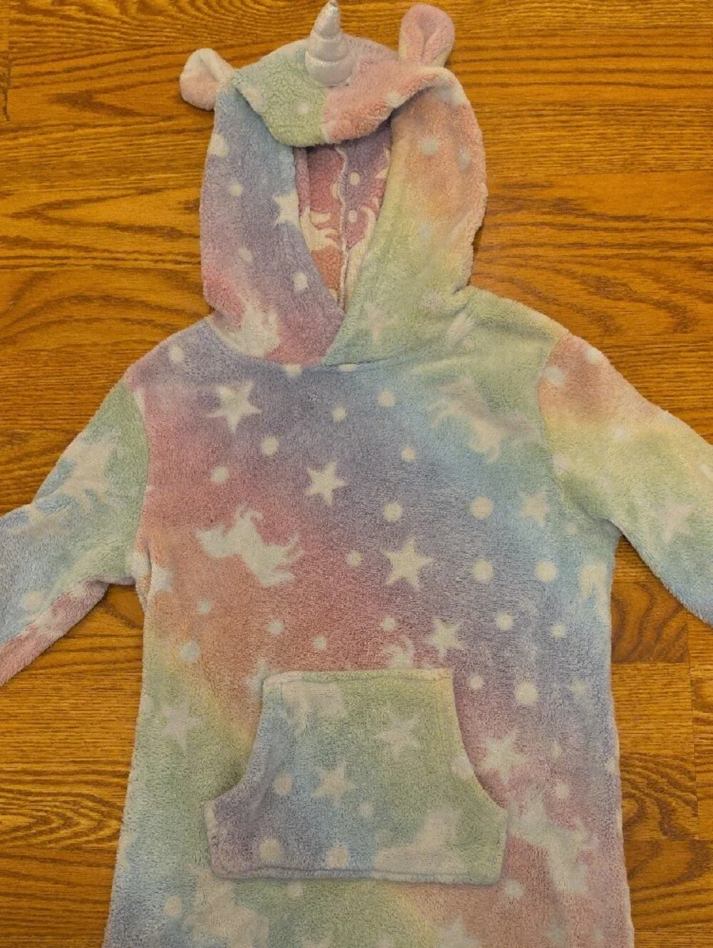 Kids Unicorn Hooded Fleece Nightgown - Pastel Rainbow Stars Size S (7/8)